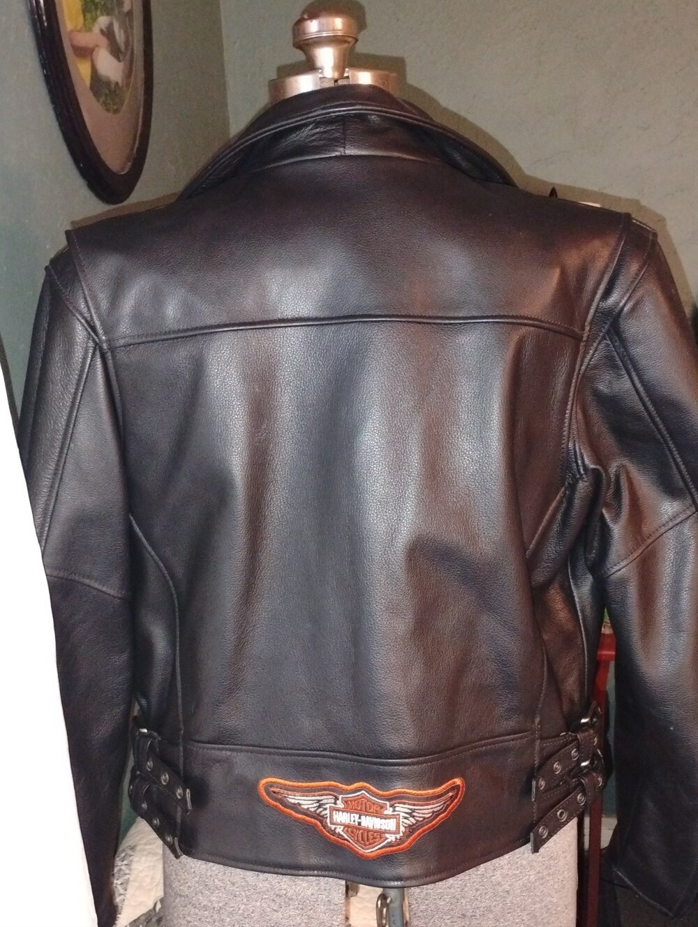 Harley-Davidson Black Leather Bomber Jacket with Orange Patch Vintage Look